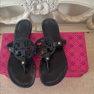 Tory Burch Black Leather Logo Thong Sandals